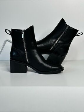 Steve Madden Black Leather Side-Zip Block Heel Booties